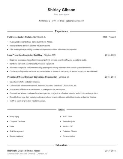 Field Investigator Resume