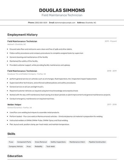 Field Maintenance Technician Resume