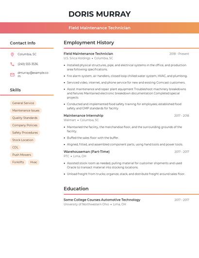 Field Maintenance Technician Resume