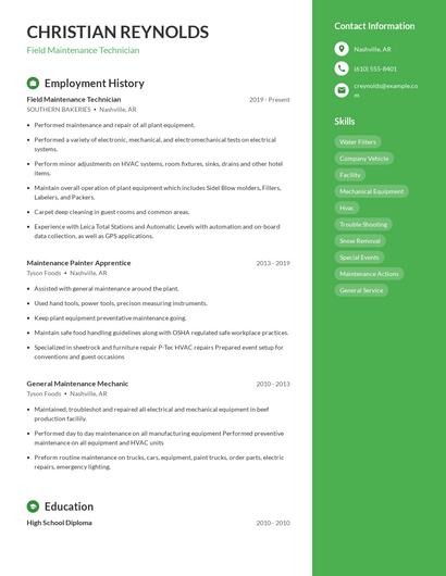 Field Maintenance Technician Resume