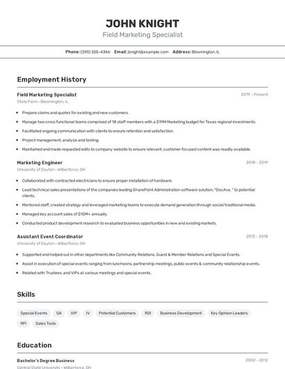 Field Marketing Specialist Resume