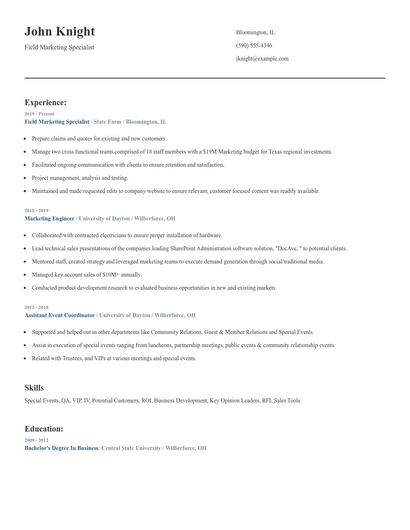 Field Marketing Specialist Resume