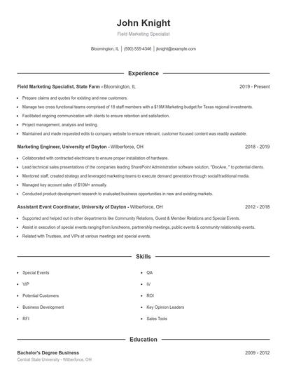 Field Marketing Specialist Resume