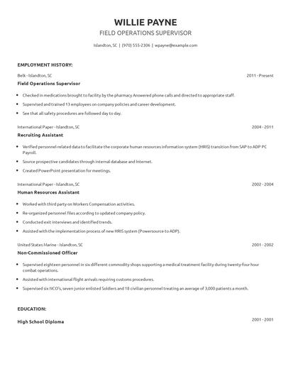 Field Operations Supervisor Resume