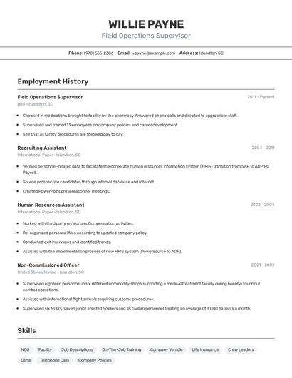 Field Operations Supervisor Resume