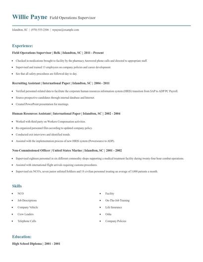 Field Operations Supervisor Resume