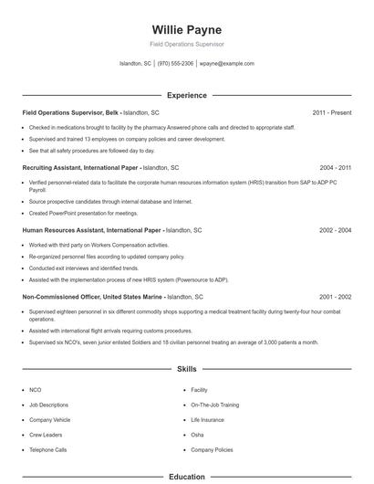 Field Operations Supervisor Resume