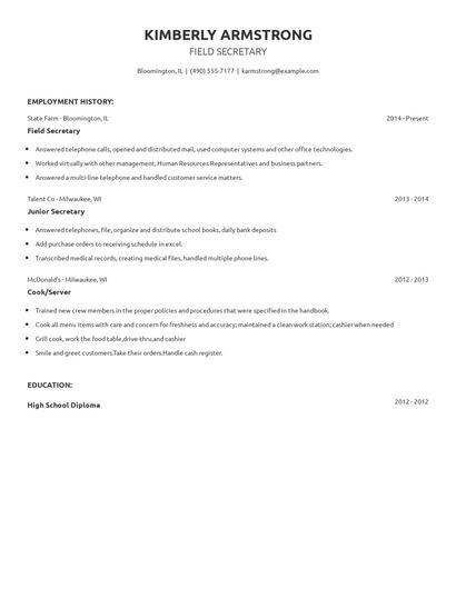 Field Secretary Resume
