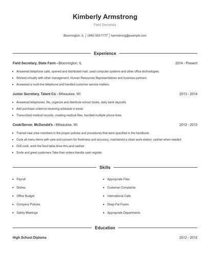 Field Secretary Resume