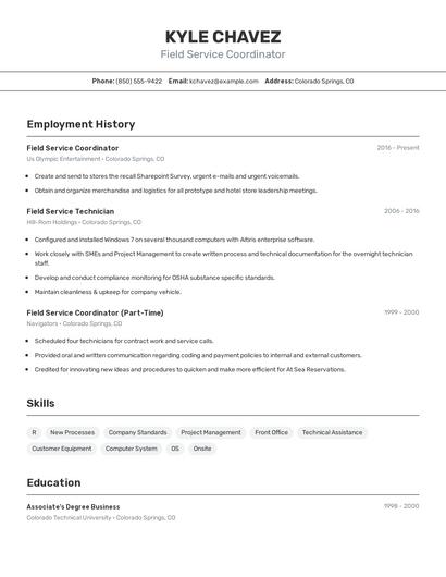 Field Service Coordinator Resume