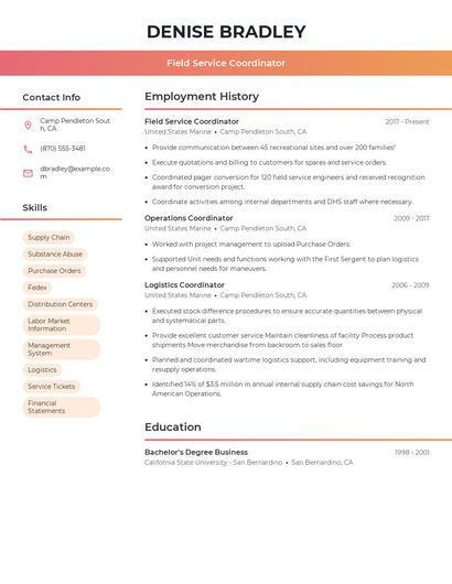 Field Service Coordinator Resume