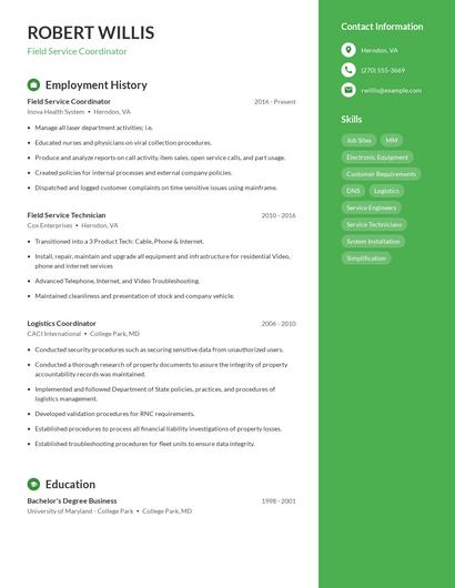 Field Service Coordinator Resume