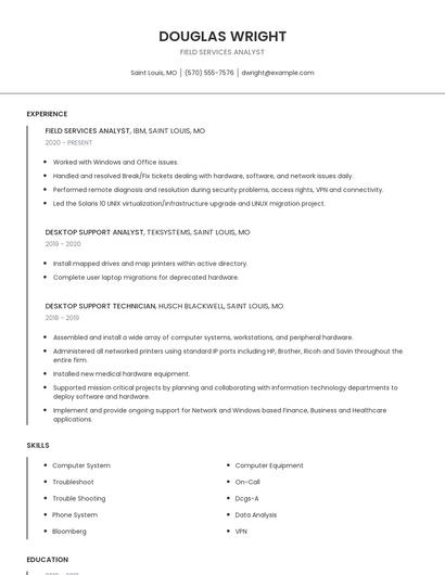 Field Services Analyst Resume