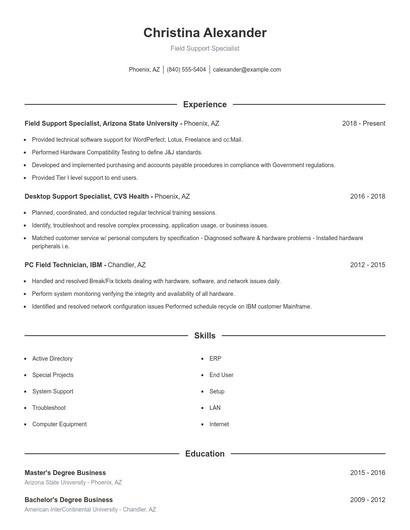 Field Support Specialist Resume