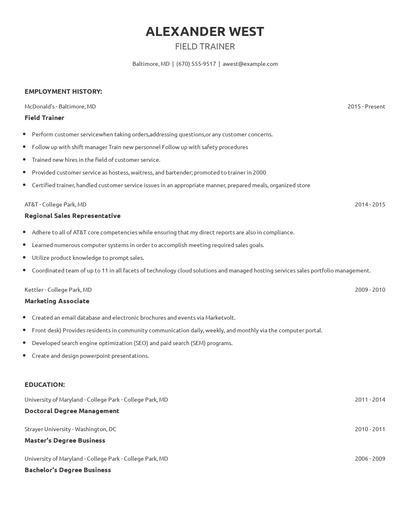 Field Trainer Resume