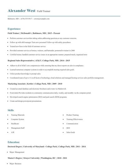 Field Trainer Resume