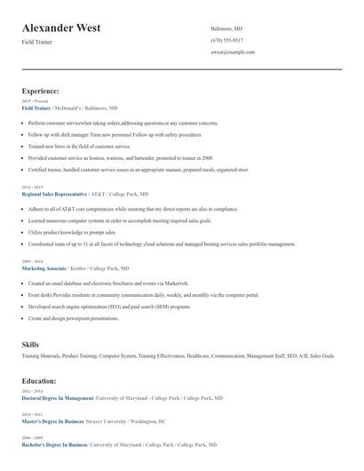 Field Trainer Resume