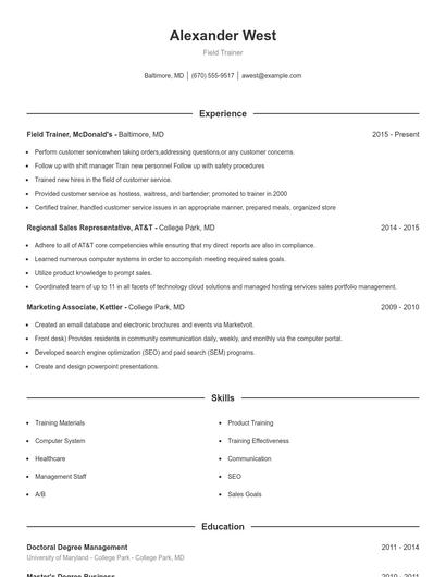 Field Trainer Resume