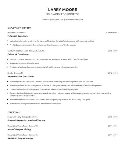 Fieldwork Coordinator Resume