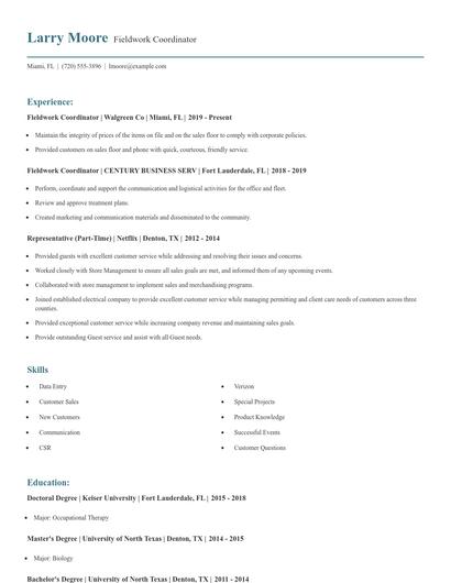 Fieldwork Coordinator Resume