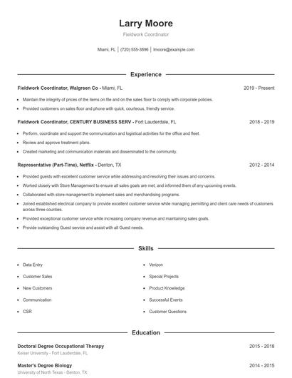 Fieldwork Coordinator Resume