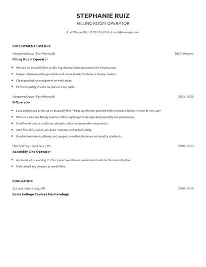 Filling Room Operator Resume