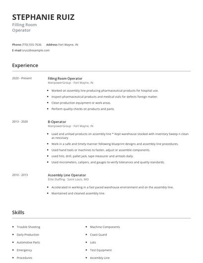 Filling Room Operator Resume