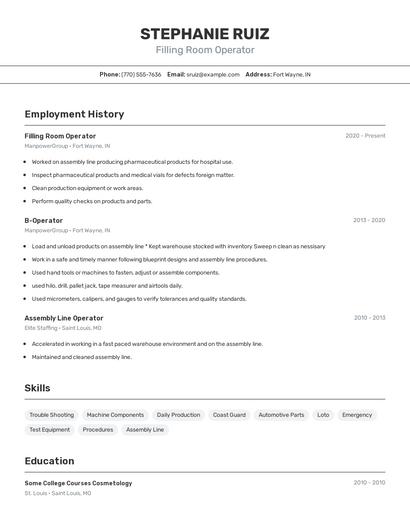 Filling Room Operator Resume