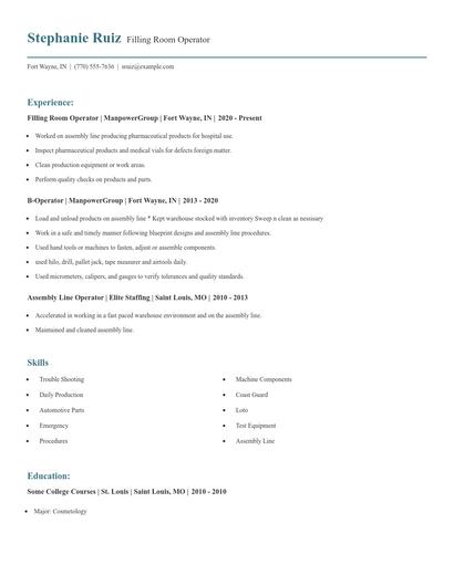 Filling Room Operator Resume
