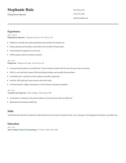 Filling Room Operator Resume