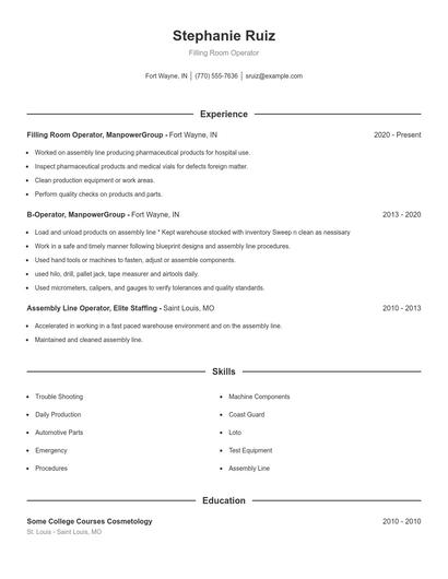 Filling Room Operator Resume