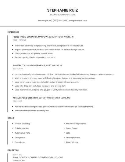 Filling Room Operator Resume