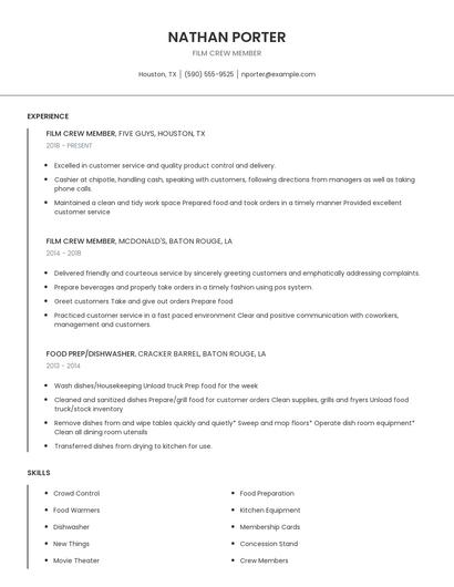 Film Crew Member Resume
