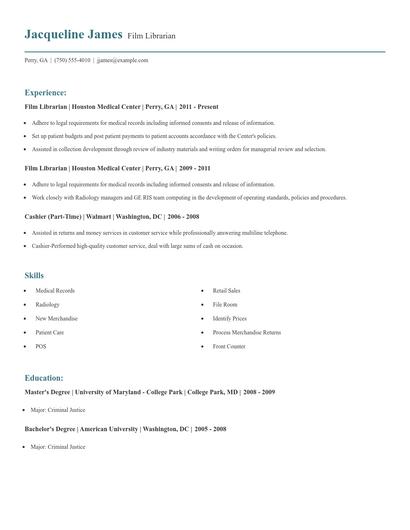 Film Librarian Resume