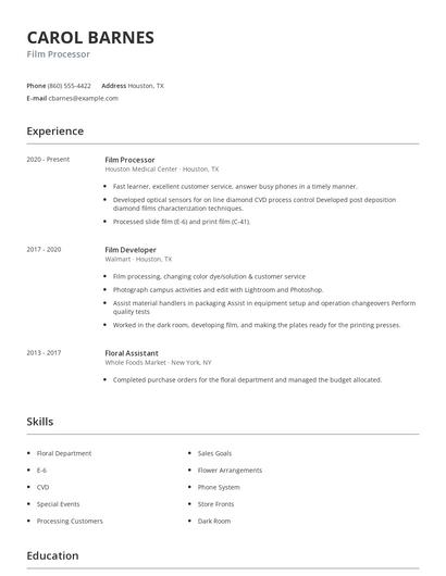 Film Processor Resume
