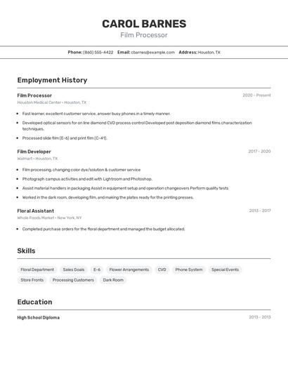 Film Processor Resume