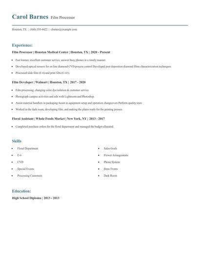 Film Processor Resume