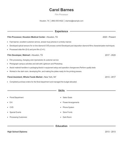 Film Processor Resume