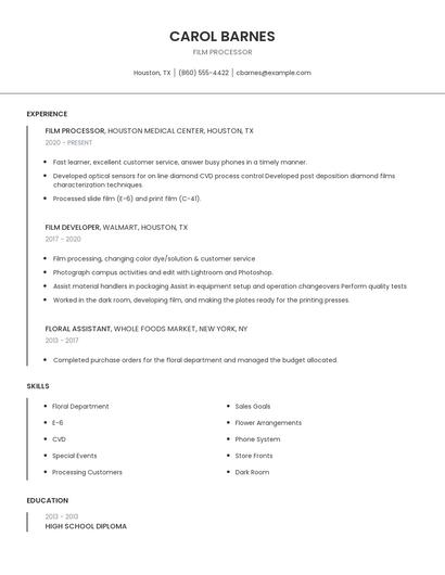 Film Processor Resume
