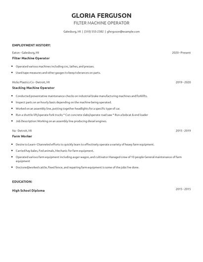 Filter Machine Operator Resume