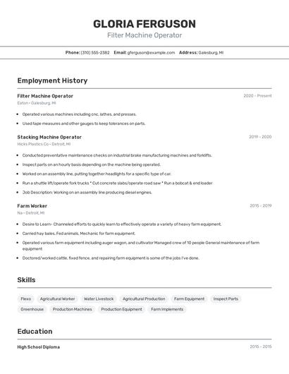 Filter Machine Operator Resume