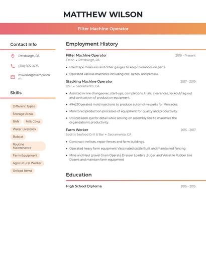 Filter Machine Operator Resume