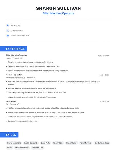 Filter Machine Operator Resume