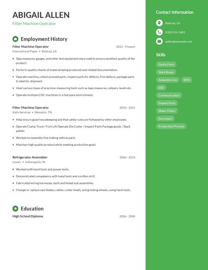 Filter Machine Operator Resume
