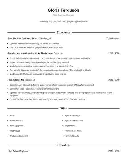 Filter Machine Operator Resume