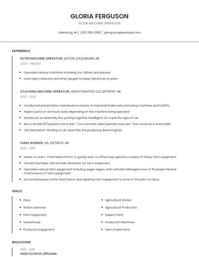 Filter Machine Operator Resume