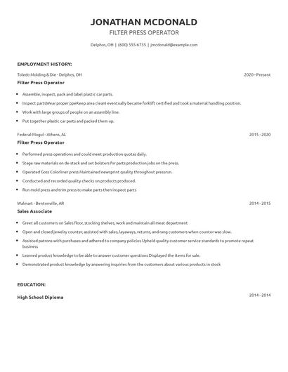 Filter Press Operator Resume