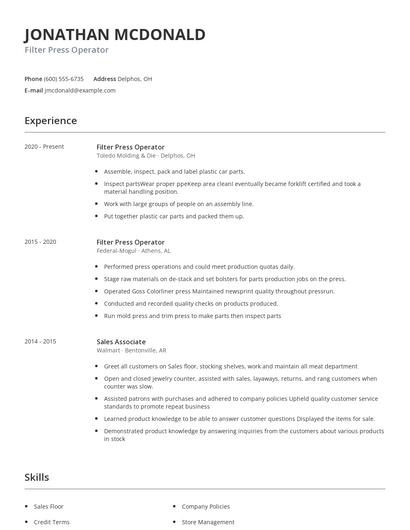 Filter Press Operator Resume