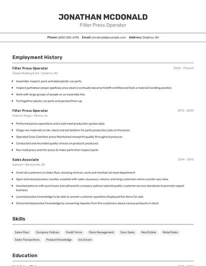 Filter Press Operator Resume