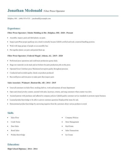 Filter Press Operator Resume